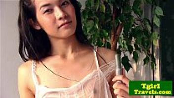 A solitary ladyboy jerks her cock after she has been drenched.