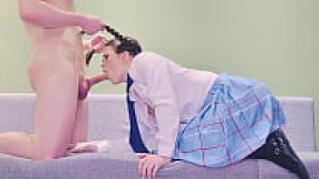 The student with the glasses and the pigtails was unable to resist the tutor and ended up putting his fat cock in her mouth.