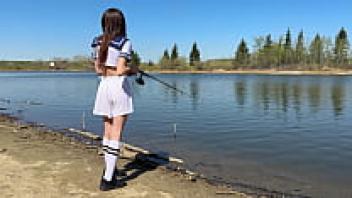 After school, the little fisherman girl went fishing.