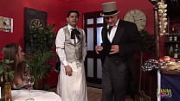 At a restaurant, a gorgeous brunette milf with a flawless ass is having group sex with her buddies.