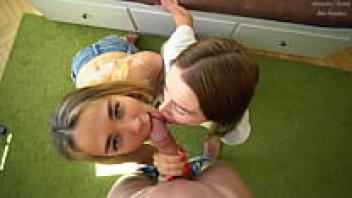 Adorable Step-Sisters Captured in a Kiss! Cum Play and Blowjob, an amateur trio