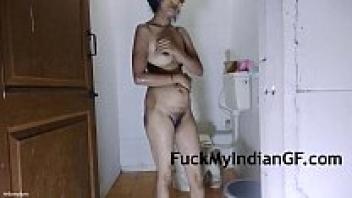 Taking a shower with a hairy, pussy Indian babi