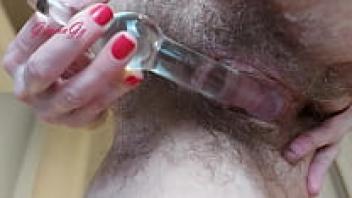 With a hairy pussy, Dildo