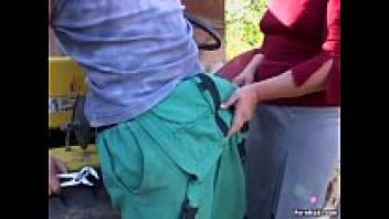 Granny takes the little dick outside.