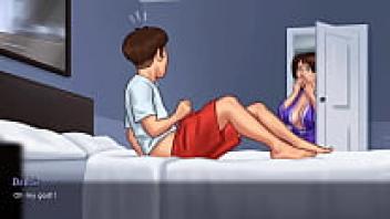 In the Summertime Saga 07 3D porn game, Stepmom found him jerking off in her bed and cumming all over her pants.
