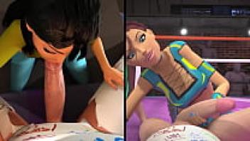 3DGSPOT: In a split-screen competition, attractive girls deepthroat a large cock! 3D cartoon porNo!